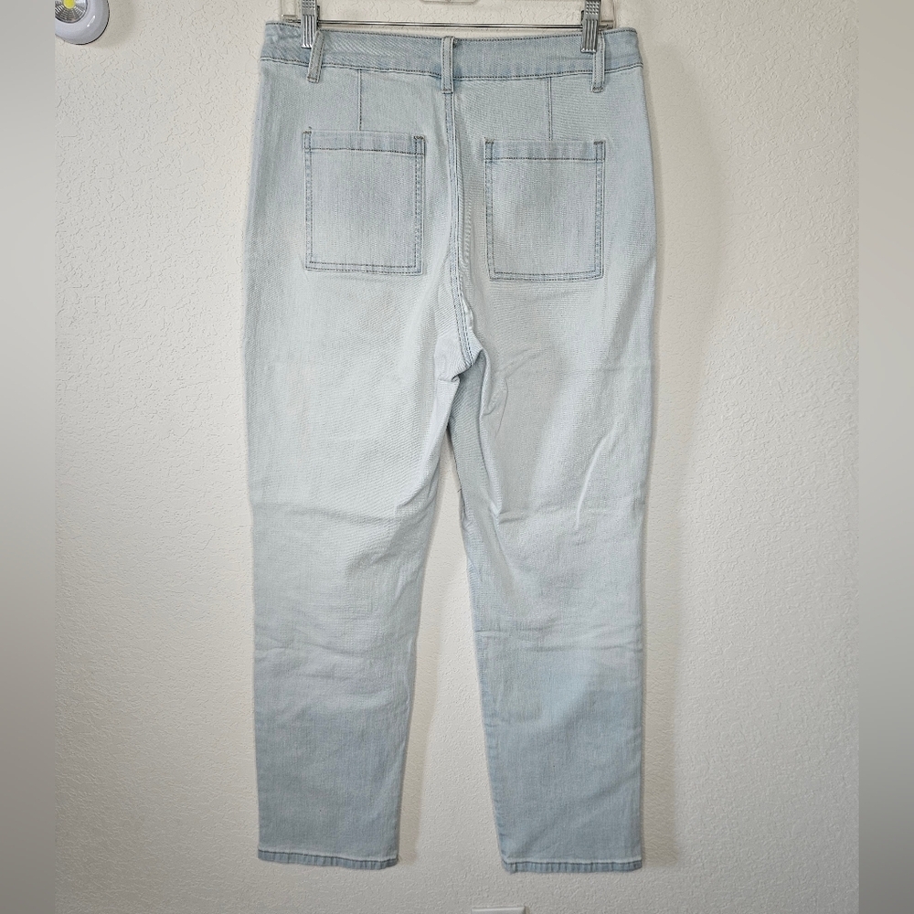 NWOT Easel Paint Splatter Diamond Patchwork Tapered Light Blue Jeans Medium - Picture 5 of 8